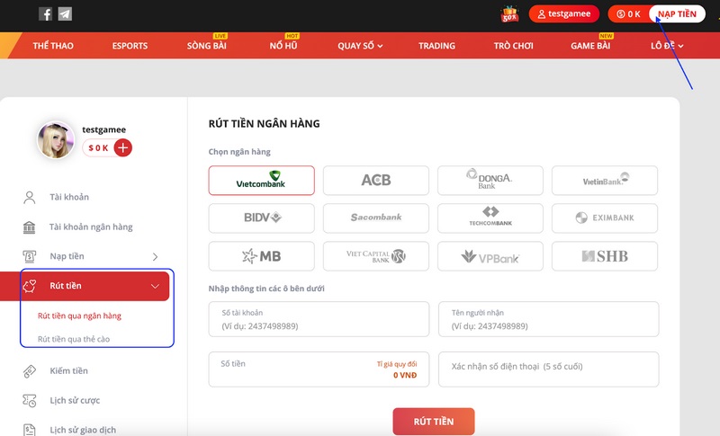 Hướng dẫn nạp tiền MAY88 bằng cách đơn giản, nhanh nhất 3 Rút Tiền Về Ngân Hàng