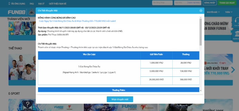 Khuyến mãi Fun88 - Đa dạng sự kiện siêu khủng tại nhà cái 8 Đồng Hành Cùng Các Giải Bóng Đá Nhận Thưởng Cao Nhất 770K