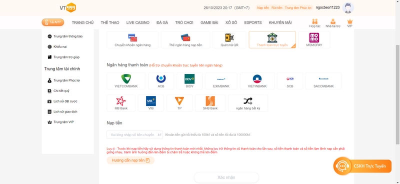 Quy trình nạp tiền VT999 chi tiết từng bước cho tân thủ 2 Nạp Tiền Vt999 Thông Qua Hình Thức Thanh Toán Trực Tuyến Qua Ngân Hàng